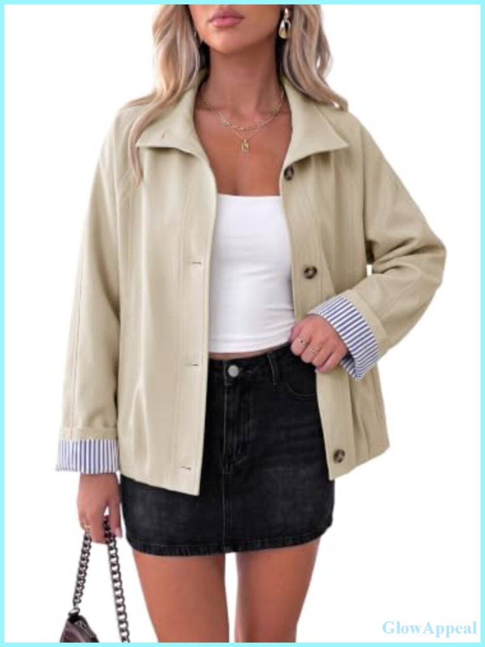 Cropped Trench Coat Oversized Relaxed Fit Polyester Casual Jacket